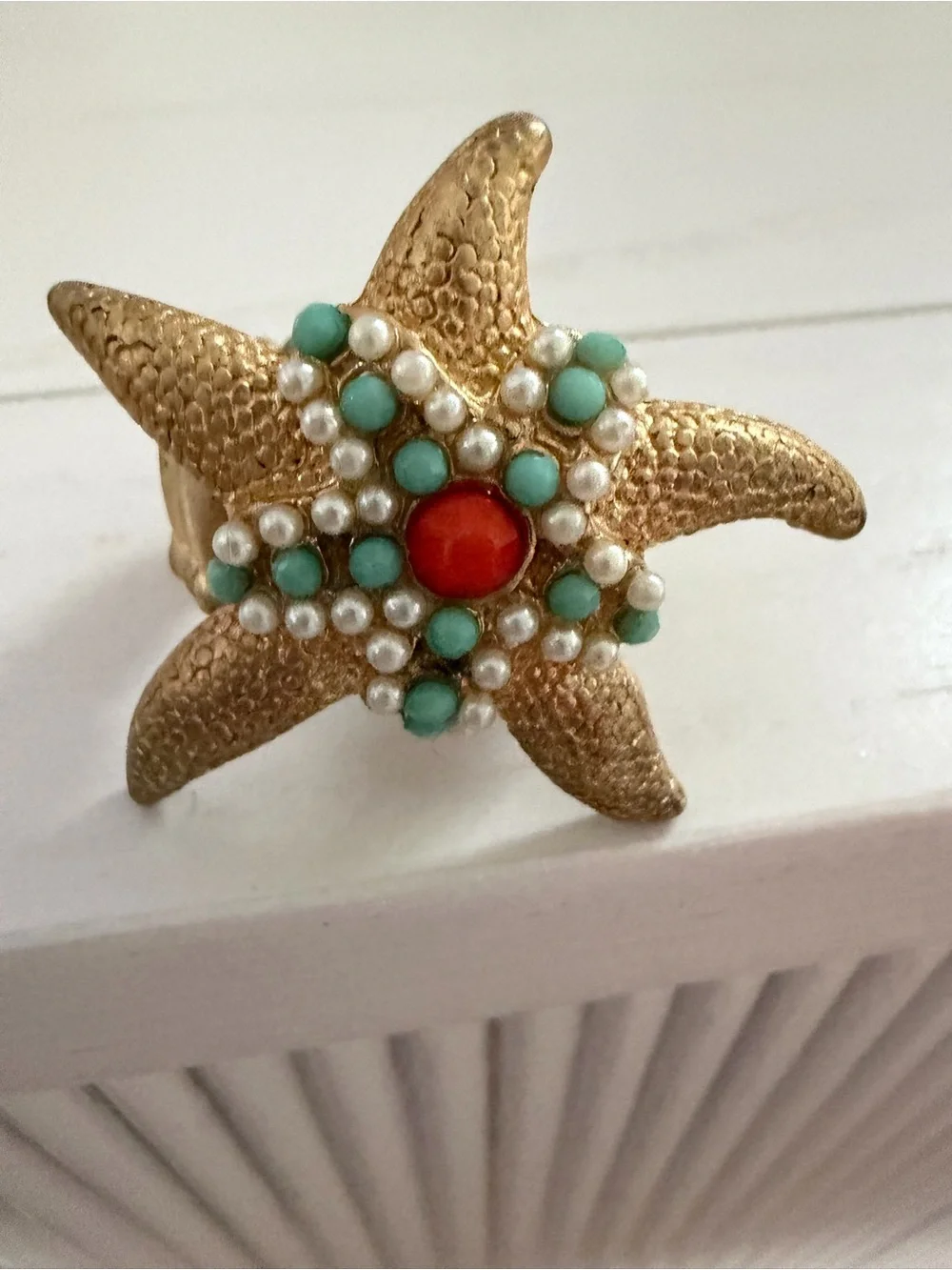Gold Starfish Stretch Ring with Turquoise, Pearl and Coral Accents